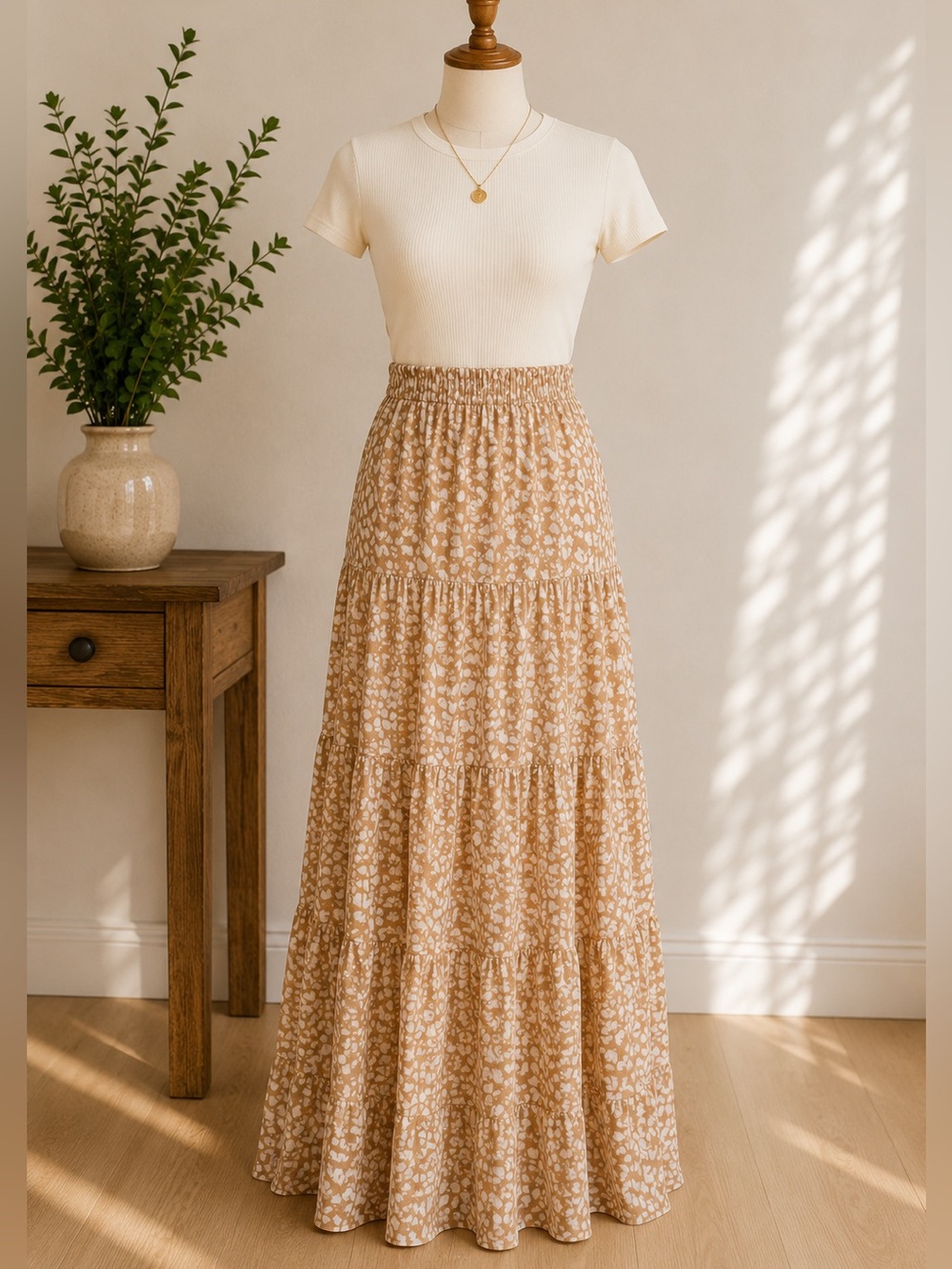 Aerie Beige Animal Print Tiered Maxi Skirt Boho Coastal Cottagecore M
